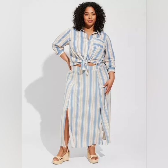 Torrid Lizzie Crinkle Gauze Button Up Stripe Skirt Maxi Set New 2x 3x - Picture 1 of 16